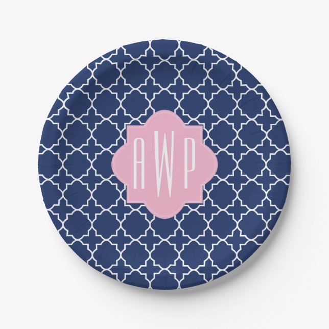 Assiettes En Carton Marine Quatrefoil + Monogramme rose (Devant)
