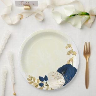 Assiettes En Carton Marine romantique & fleurs blanches or
