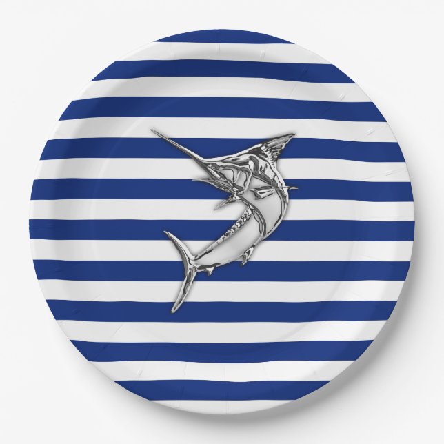 Assiettes En Carton Marlin Swordfish Chrome Style sur les bandes marin (Devant)