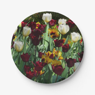 Assiettes En Carton Maroon et Tulipes Jaunes Florales colorées