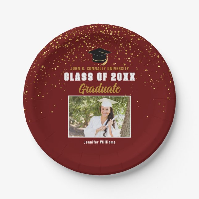 Assiettes En Carton Maroon Gold Graduate Photo Chic Graduate Party (Devant)