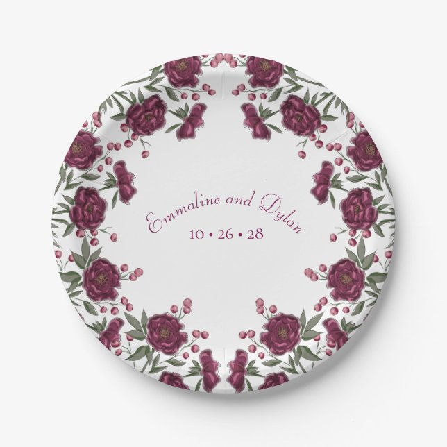 Assiettes En Carton Maroon Rose Wedding (Devant)