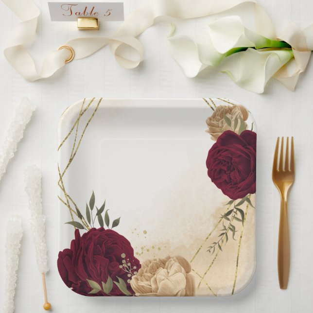Assiettes En Carton Maroon vert beige or botanique mariage (Mariage)