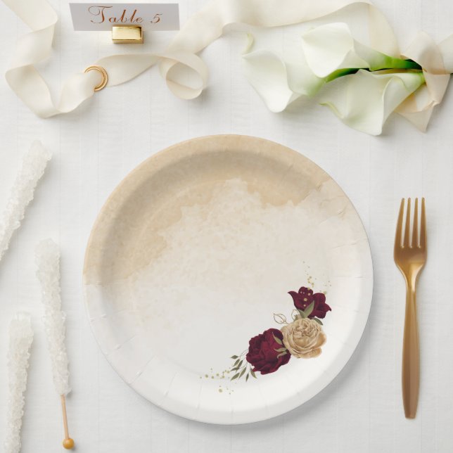 Assiettes En Carton Maroon vert beige or botanique mariage (Mariage)