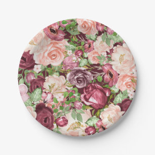 Assiettes En Carton Marsala Marron Bordeaux Floral Fleurs Rustiques