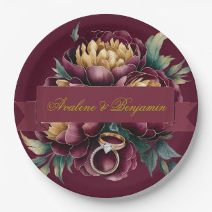 Assiettes En Carton Marsala Peony rouge et or avec anneaux Mariages