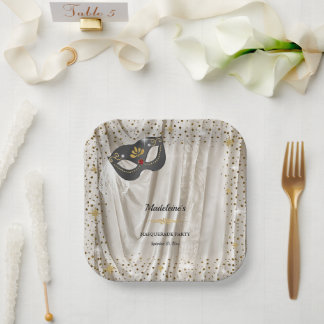 Assiettes En Carton Mascarade Charbon d'Ivoire Blanc Damassé Étoiles D