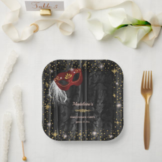 Assiettes En Carton Mascarade Rouge Rubis Noir Damassé Étoiles Dorées