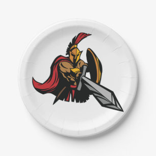 Assiettes En Carton Mascotte de Guerrier Spartiate Rouge et Or Gras