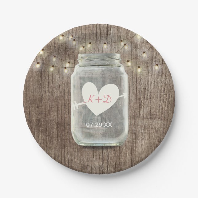 Assiettes En Carton Mason Jar & String Lights Rustic Barn Wood Mariage (Devant)
