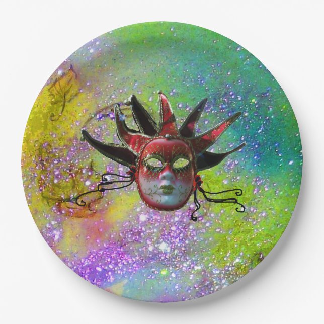 Assiettes En Carton MASQUE JESTER ROUGE NOIR Violet jaune masqué (Devant)