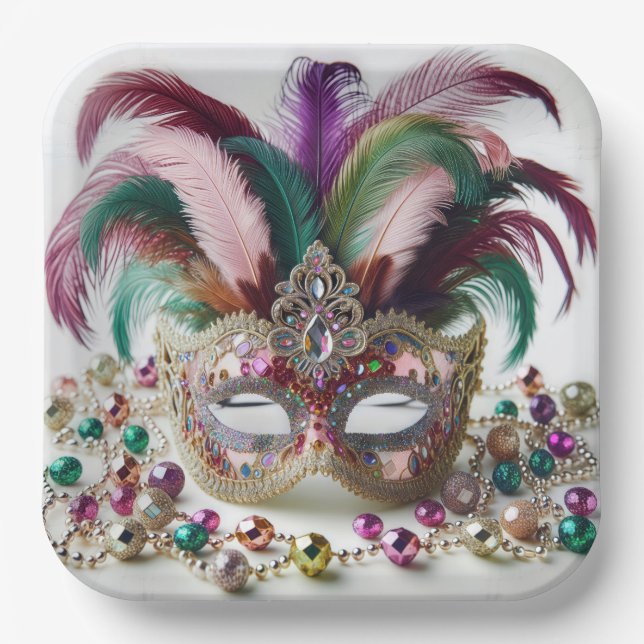 Assiettes En Carton Masque Mardi Gras Bijoux (Recto)