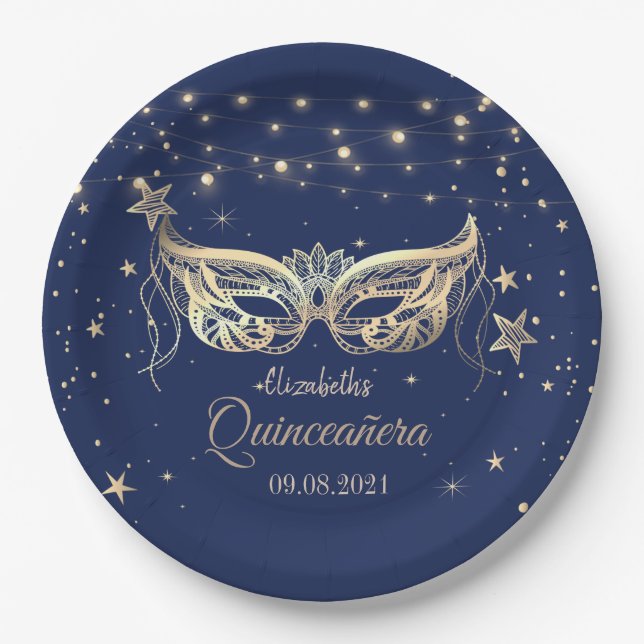 Assiettes En Carton Masquerade, Marine Bleu Stars Quinceañera (Devant)