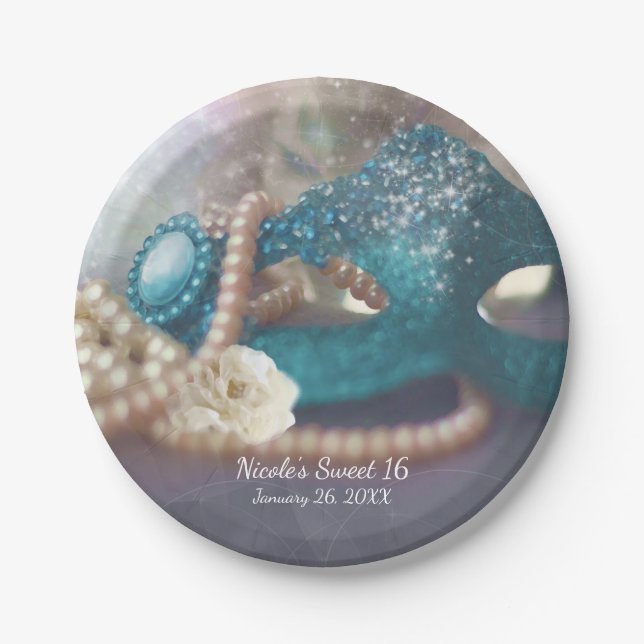 Assiettes En Carton Masquerade Masque & Perles Plaques de la partie ar (Devant)