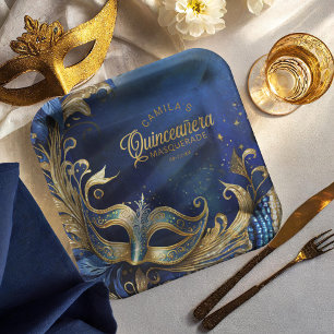 Assiettes En Carton Masquerade Quinceanera Blue Gold ID1031