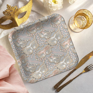 Assiettes En Carton Masquerade Sweet 16 Masques de perles Rose Gold ID