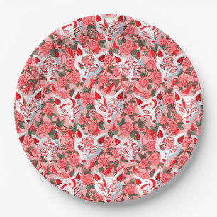 Assiettes En Carton Masques de Kitsune et camélia en fleurs sur fond r