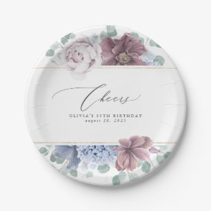 Assiettes En Carton Mauve et Dusty Blue Floral Elégant Botanique