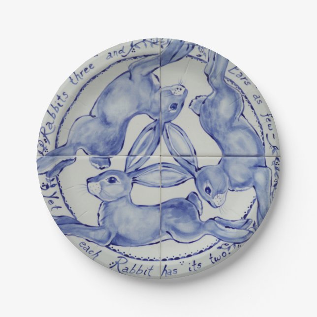 Assiettes En Carton Médaillon bleu et blanc à trois lièvres (Devant)
