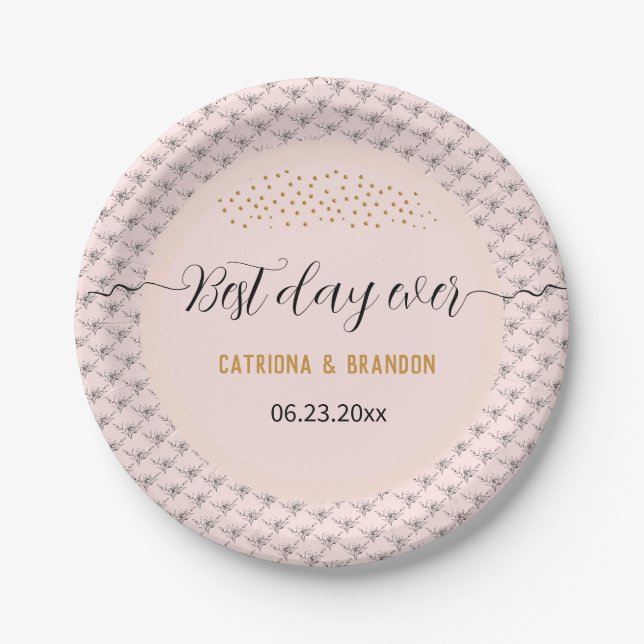 Assiettes En Carton Meilleur Jour Jamais Moderne Rose Flower Gold Dots (Devant)