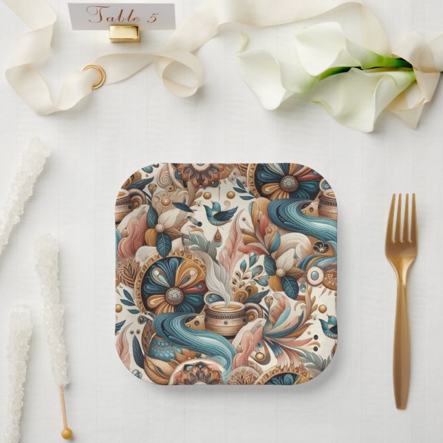 Assiettes En Carton Mélange bohème turquoise, magenta, violet sur crèm (Mariage)