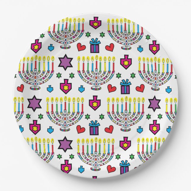 Assiettes En Carton Menorahs colorés Hanoukka (Devant)
