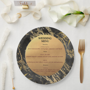Assiettes En Carton Menu mariage à thème marbre noir et or