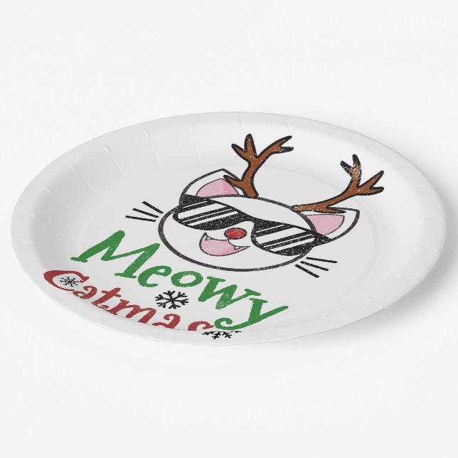 Assiettes En Carton Meowa Catmas Noël Kitty Chat Rouge Nez Reindeer (Angle)