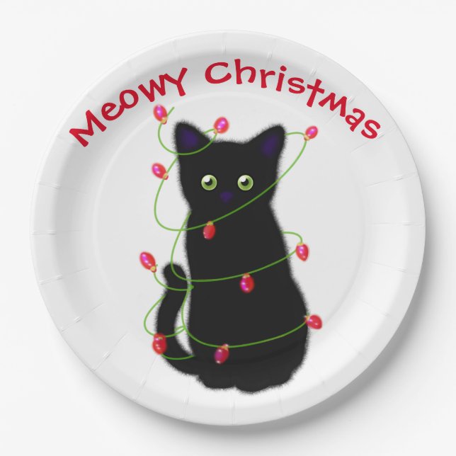 Assiettes En Carton Meowy chat Feux rouge vert brillant de Noël (Devant)