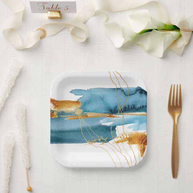 Assiettes En Carton Mer et sable moderne aquarelle côtière (Mariage)