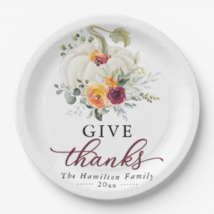 Assiettes En Carton Merci Burgundy Floral Citrouille Thanksgiving