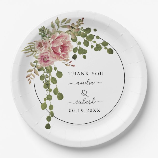 Assiettes En Carton Merci de fleurs d'aquarelle rose poussiéreux maria (Devant)