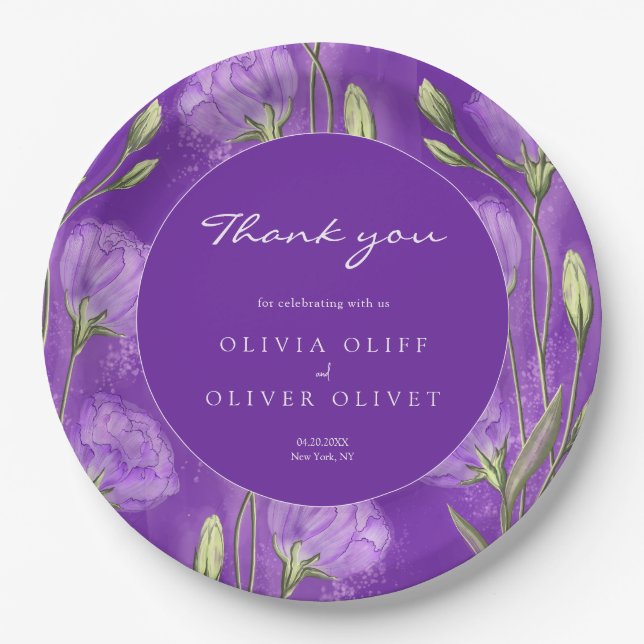 Assiettes En Carton Merci Mariage des Eustomas pourpres (Devant)