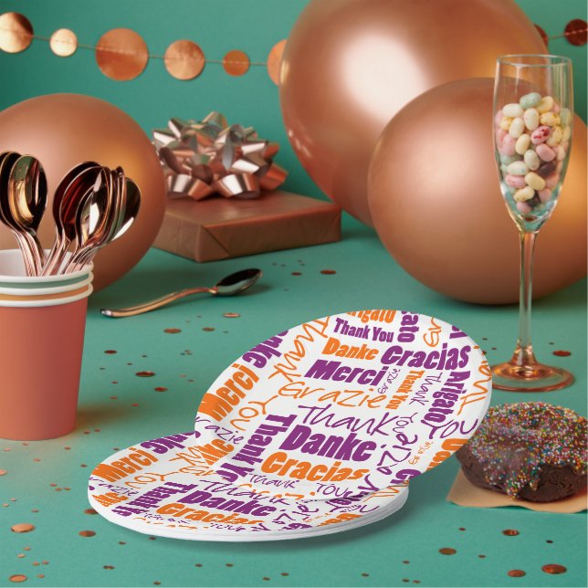 Assiettes En Carton Merci multilingue violet et orange (Multi)