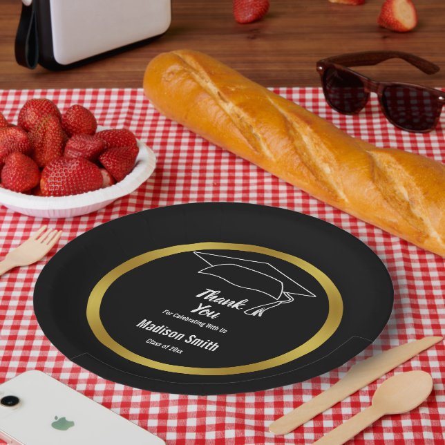 Assiettes En Carton Merci noir et blanc Graduation Grad's Name (Pique-nique)