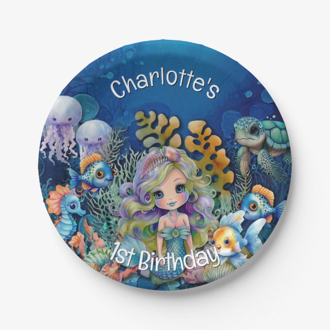 Assiettes En Carton Mermaid 1er anniversaire (Devant)