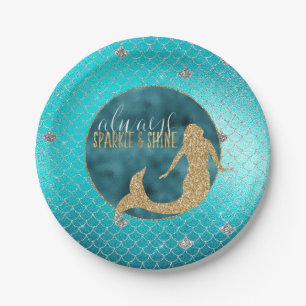 Assiettes En Carton Mermaid Aqua Gold Parties scintillant étincelle en