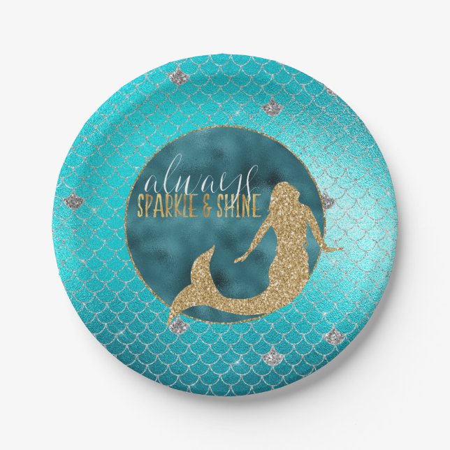 Assiettes En Carton Mermaid Aqua Gold Parties scintillant étincelle en (Devant)