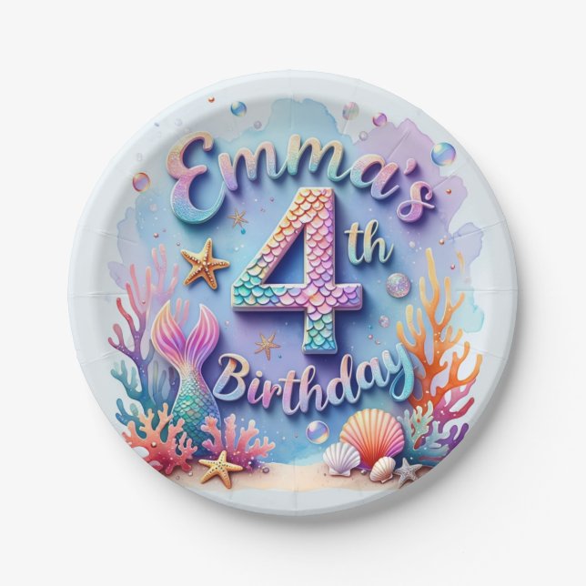 Assiettes En Carton Mermaid Custom Name & Age - Under the Sea Party (Devant)