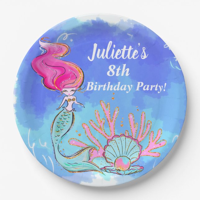 Assiettes En Carton Mermaid Et Pearl Clam Anniversaire (Devant)