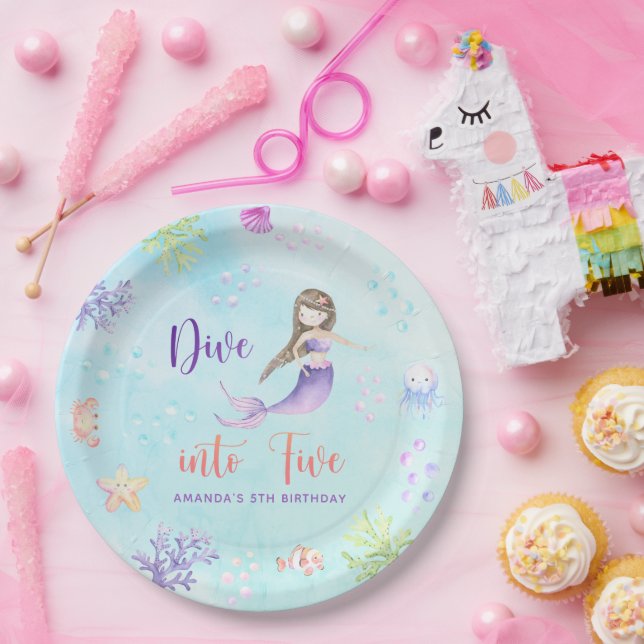 Assiettes En Carton Mermaid Girl Dive In Five 5th Birthday Party (Fête)