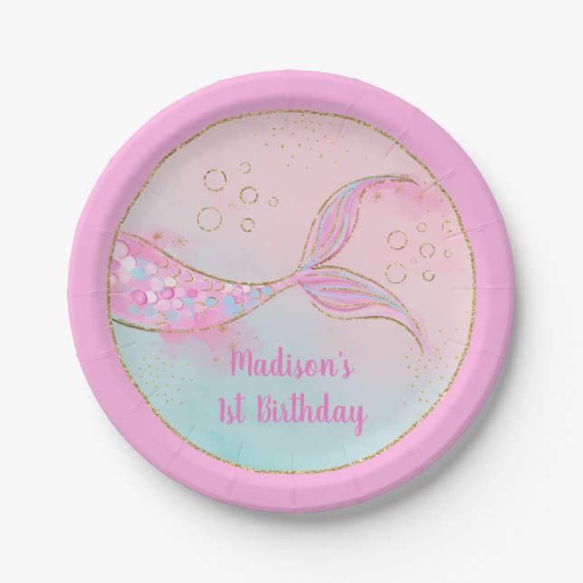Assiettes En Carton Mermaid Pink Gold Anniversaire (Devant)