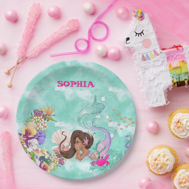 Assiettes En Carton Mermaid Starfish Cheveux foncés Mignonnes serviett (Fête)