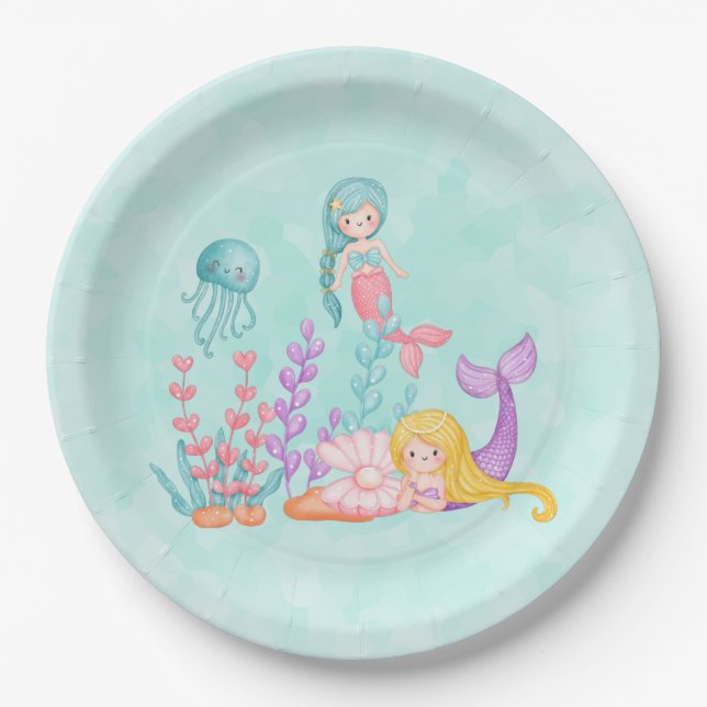 Assiettes En Carton Mermaids et méduses sous la couche d'aquarelle mar (Devant)