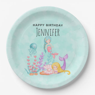 Assiettes En Carton Mermaids et méduses sous l'aquarelle marine