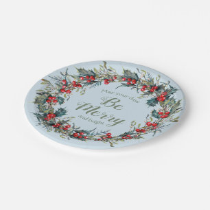 Assiettes En Carton Merry Bright Christmas Wreath Berries Green Feuill