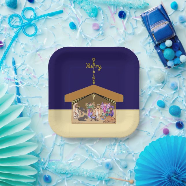 Assiettes En Carton Merry Christmas Fabric Font Cross Over Nativity (Fête)