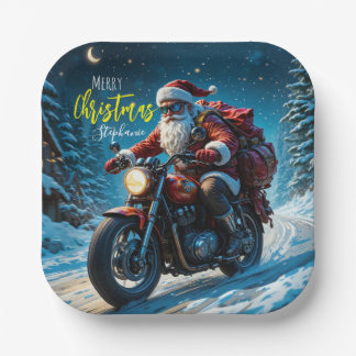 Assiettes En Carton Merry Christmas Santa Clause On Motorcycle
