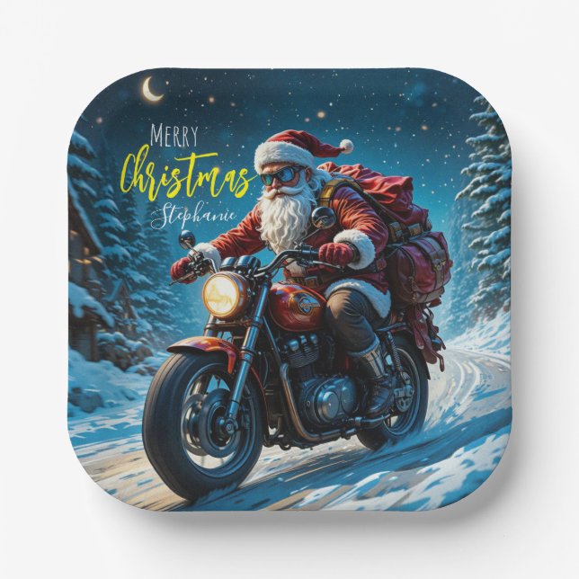 Assiettes En Carton Merry Christmas Santa Clause On Motorcycle  (Recto)