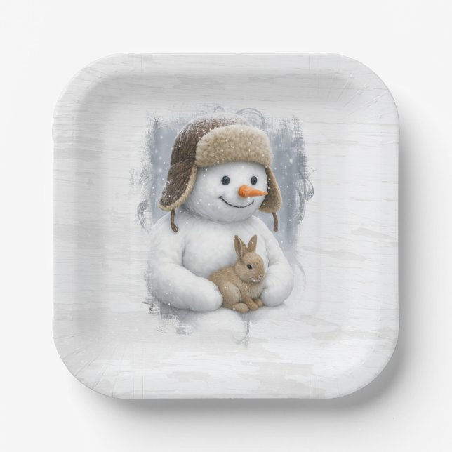 Assiettes En Carton Merry Christmas Snowman With Bunny (Recto)